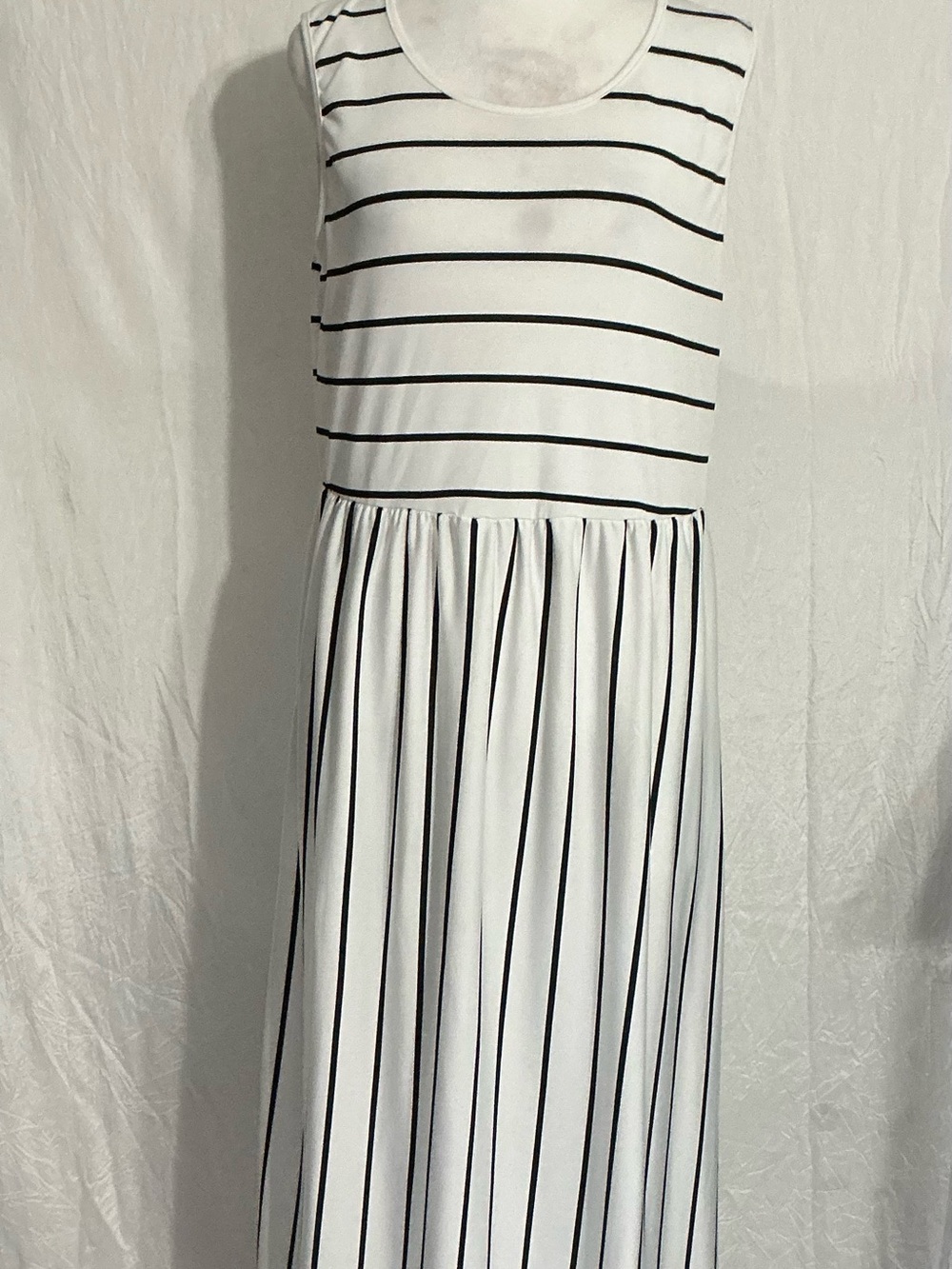 Sleeveless White Maxi Dress with Black Stripes
